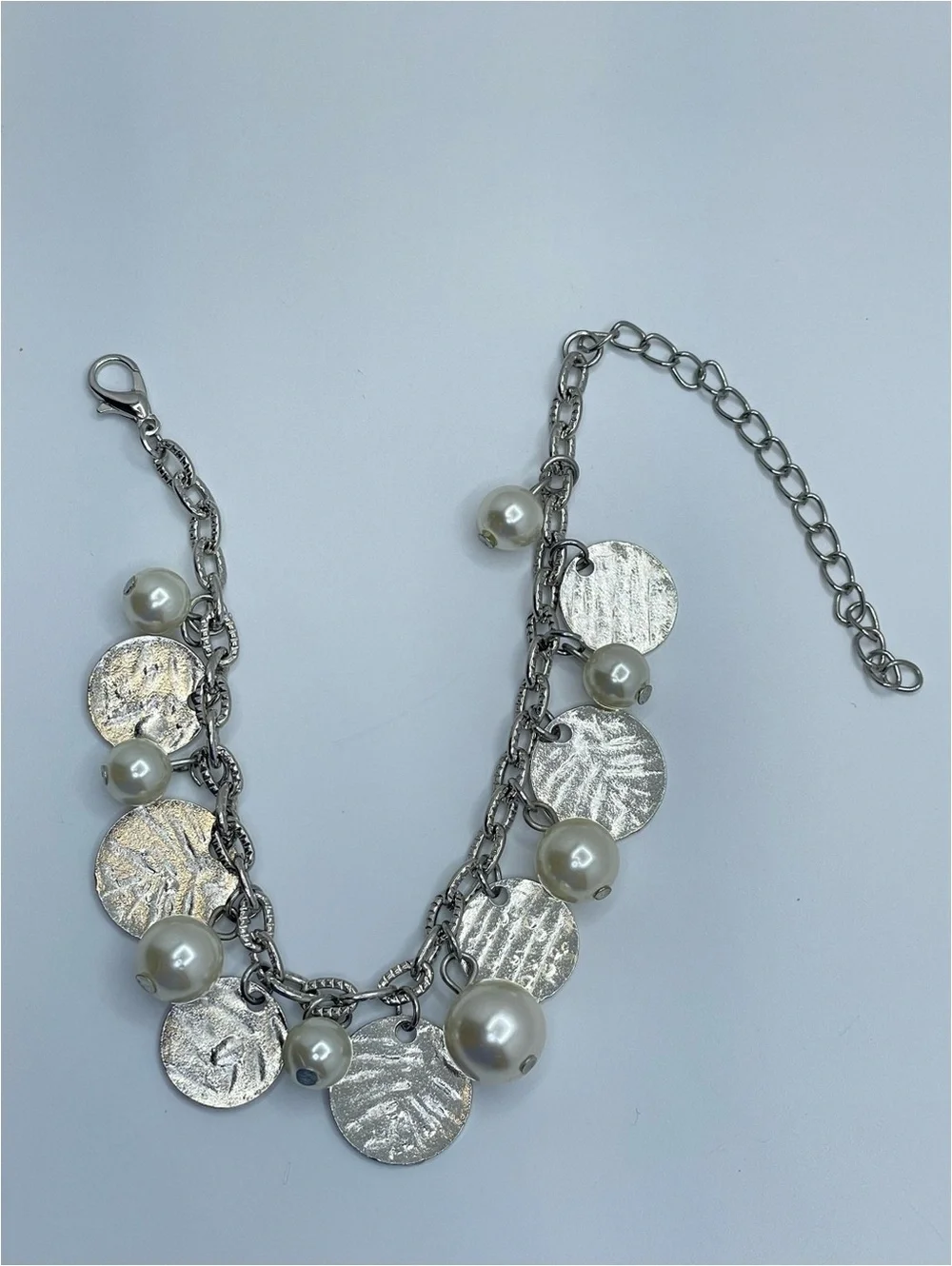 Silver Tone Faux Pearl Charm Bracelet Disc Dangle Boho